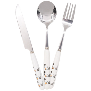 刀叉勺三件套304不锈钢陶瓷柄儿童可爱甜品勺家用牛排西餐具套装