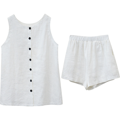 新色！高品质白色夏季舒适无袖亚麻马甲背心两件套装松紧腰短裤女