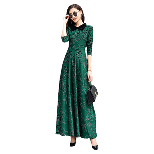 重工刺绣长袖连衣裙女长款2025新款气质修身显瘦妈妈长裙到脚踝