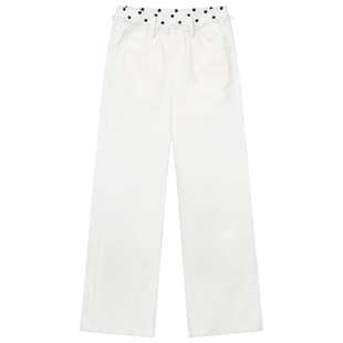 出逃赤岗西 米白色波点腰部橡筋拼接毛边直筒牛仔裤女春秋长裤子
