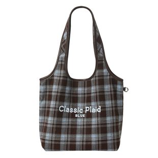 畹町格纹帆布包女秋冬复古英伦韩系蓝棕通勤单肩包女大学生上课包