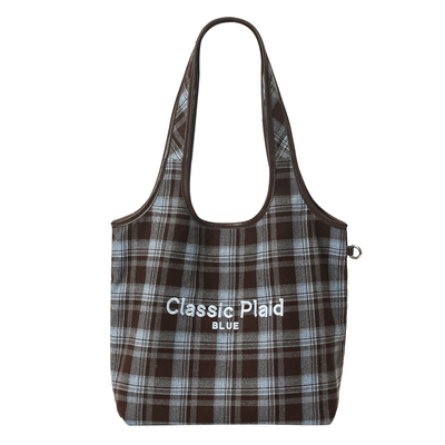 畹町格纹帆布包女秋冬复古英伦韩系蓝棕通勤单肩包女大学生上课包