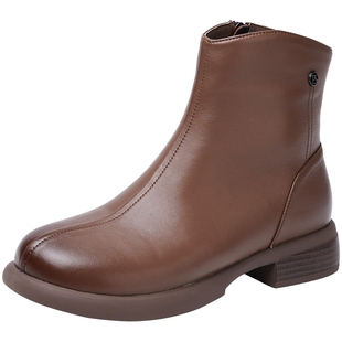 百田森商场同款舒服短靴女2025新款复古真皮平底软底精致小短靴