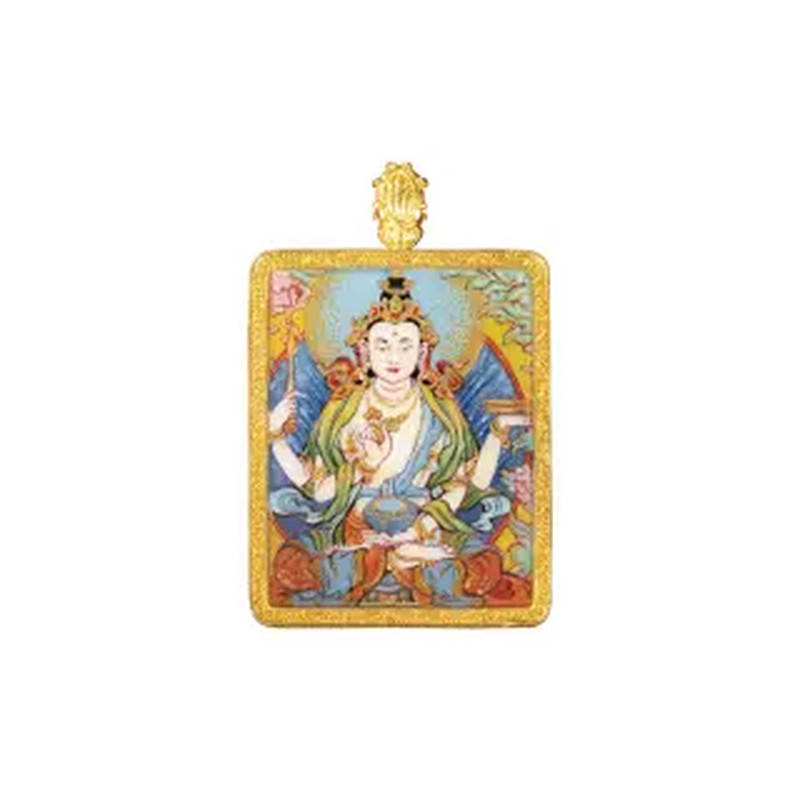 足金999古法烧蓝岩彩唐卡 八大守护 千手观音吊坠