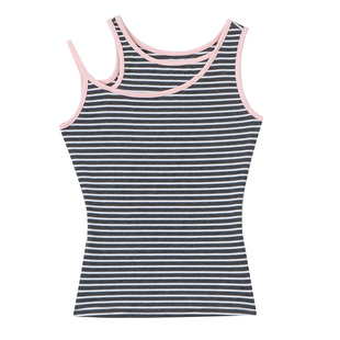 First Ring 灰色/灰色条纹假两件撞色吊带背心女弹力修身内搭上衣