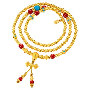 金至尊松石安澜黄金手链古法足金999手串一款两戴黄金颈链金链子