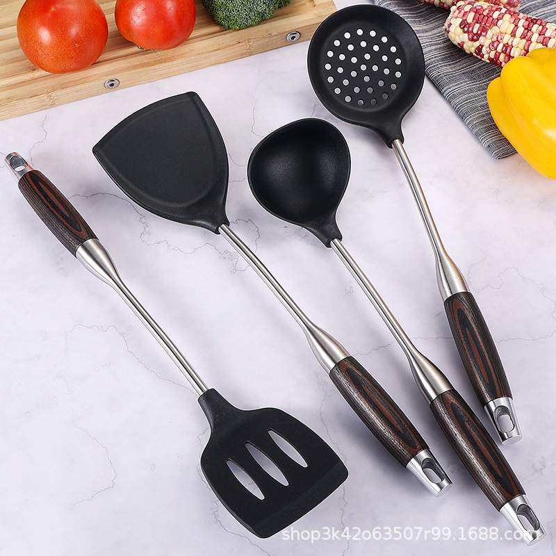 304不锈钢厨具硅胶锅铲煎铲批发不粘锅煎铲隔热木柄炒菜铲子漏勺
