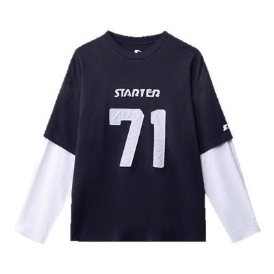 STARTER T恤2025秋季男女同款纯棉数字印花假两件运动休闲上衣