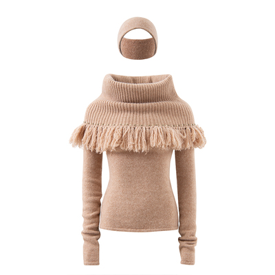 JELLOJELLO25冬手工编织流苏大翻领烫钻铆钉装饰马海毛针织毛衣