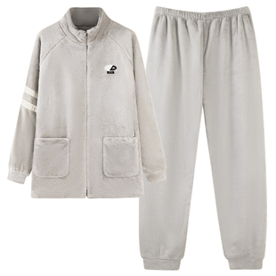 芬腾可安男士睡衣男款冬季珊瑚绒加厚法兰绒大码灰色家居服秋冬天