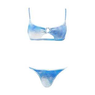 OceanMystery新款蓝色泡泡纱镂空比基尼女性感三角沙滩度假 泳衣