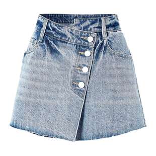 MOISSAC摩萨克夏法式纯棉100棉不规则斜扣水洗牛仔辣妹短裤女