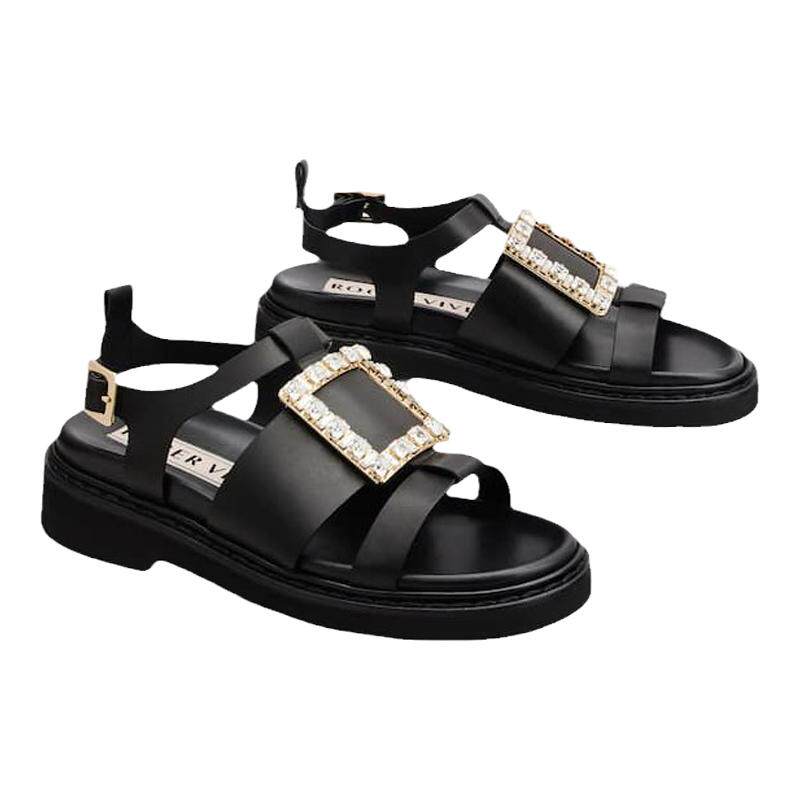 Roger Vivier/罗杰·维维亚女鞋牛皮鞋面闪钻饰扣后跟扣带凉鞋