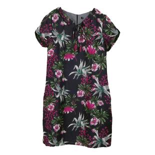 dunnu敦奴夏季亚麻桑蚕丝时尚植物印花短袖连衣裙短裙女DM250903