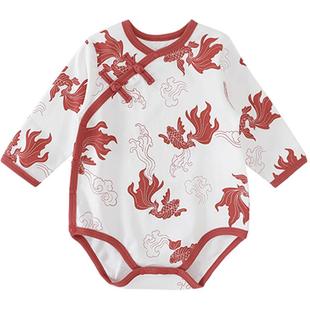 包屁衣新生婴儿秋季连体衣四季纯棉三角哈衣国风红色百天宝宝衣服