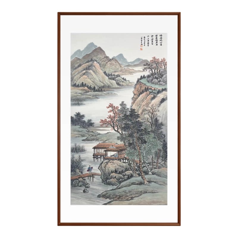 高档实木新中式山水聚财玄关壁画