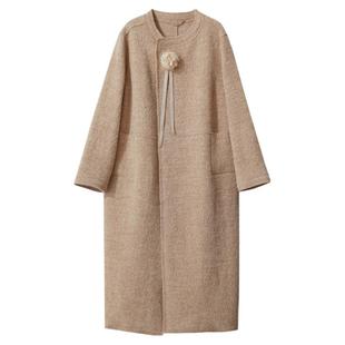 Amii全绵羊毛圆领毛呢外套女长款2024冬新款宽松可拆卸胸花呢大衣