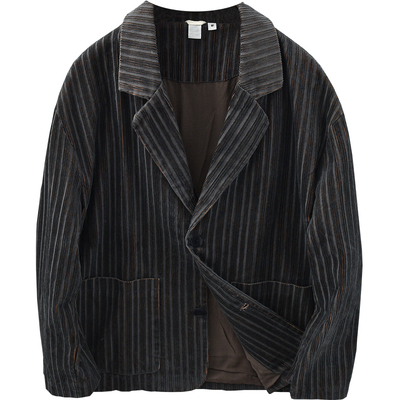 复古基础条纹平驳领休闲西服