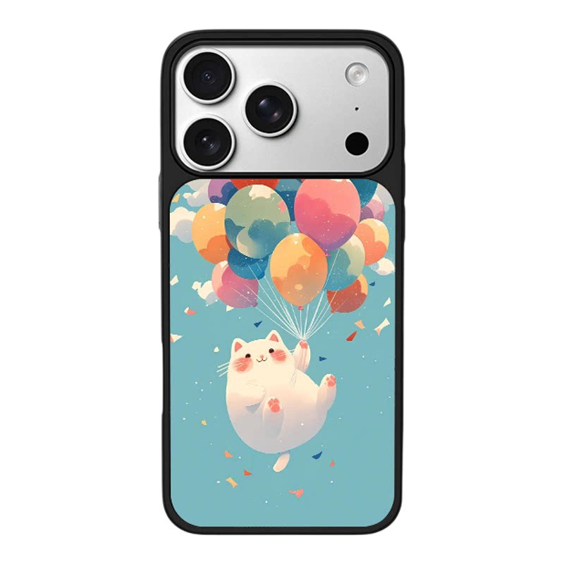 浅蓝底气球飞空小白猫治愈适用苹果17promax新款手机壳iPhone air/16pro/15plus14玻璃13pro手机套冰感小米17