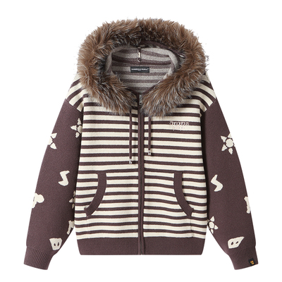 薛之谦dsp条纹可拆卸毛领针织衫