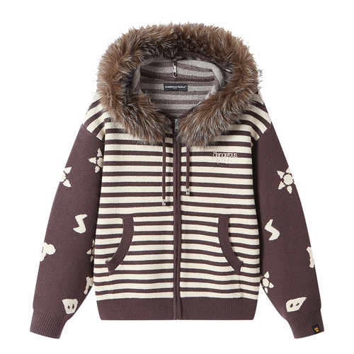 Dangerouspeople薛之谦dsp可拆卸毛领针织开衫高街百搭潮条纹毛衣