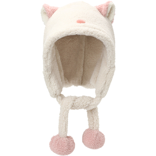 畹町羊羔绒护耳帽女冬季保暖毛绒帽子可爱奶糖猫耳朵防寒雷锋帽