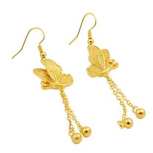 2024新款新娘金色耳环仿黄金流苏花朵耳坠耳夹无耳洞结婚仿真金