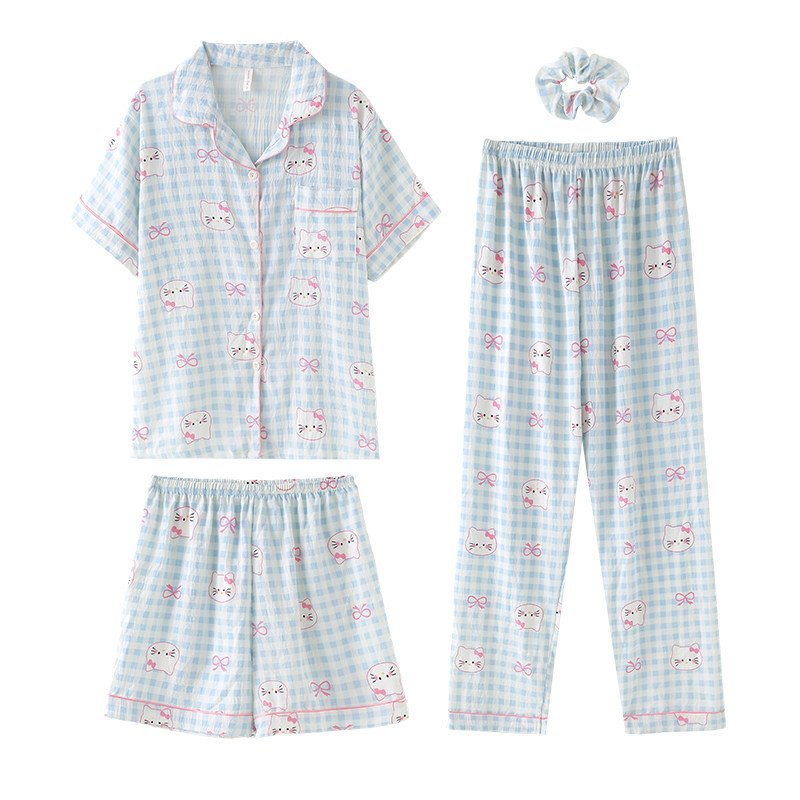 卡通KT猫睡衣女款带胸垫短袖短裤甜美可爱三件套装家居服休闲宽松