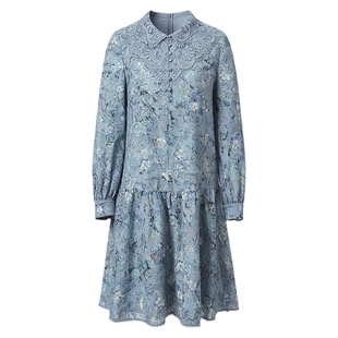 VGRASS维格娜丝春季新款定位绣黄金比例A摆短款衬衫式丝绵连衣裙