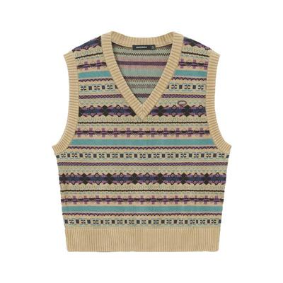 【费尔岛提花】Unvesno(UN)秋季暖多色条纹针织毛衣背心 男女同款