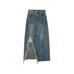 不规则流苏牛仔半身裙女秋冬胖妹妹mm高腰遮胯显瘦中长款a字裙子