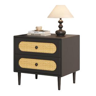 三梦中古风床头柜简约现代藤编实木小柜子家用卧室黑色床头储物柜