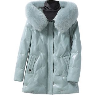 羽绒服女中长款狐狸毛领帽子真皮衣2025高端加厚白鸭绒外套绵羊皮