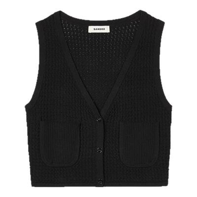 SANDRO女装法式黑色V领针织马甲