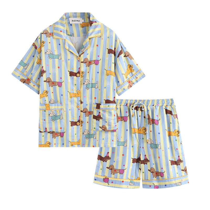 侘町2025新款腊肠狗狗长袖睡衣女秋季纯棉棉纱家居服套装春秋薄款