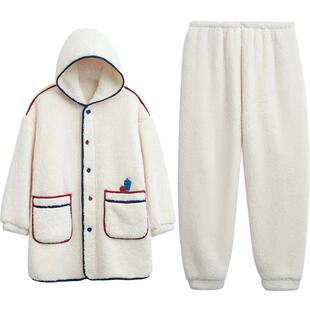 【暖感】红豆居家情侣珊瑚绒连帽睡衣加厚男士女秋冬法兰绒家居服