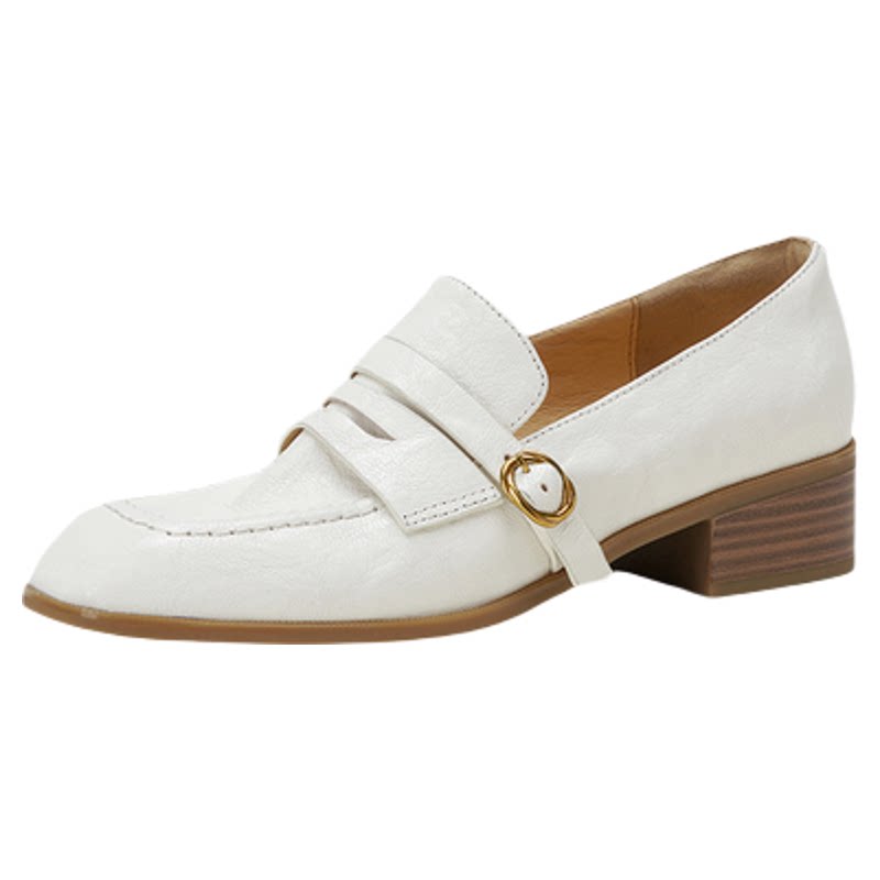 羊皮3.5cm粗跟~复古风方头深口单鞋女中跟牛筋底真皮乐福鞋扣带