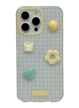 韩系ins奶蓝色格纹花朵宝石适用苹果17手机壳iPhone16ProMax新款15promax防摔13甜美少女12立体14pro全包软壳
