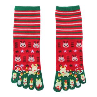 圣诞袜五指袜纯棉袜卡通拇指袜 可爱冬季中筒五指袜女款 圣诞麋鹿
