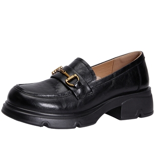 百田森乐福小皮鞋女2025新款配裙子小个子厚底增高乐福鞋黑色皮鞋