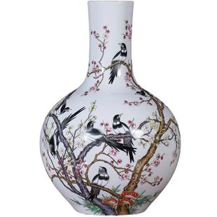 宁封窑粉彩喜上眉梢天球瓶景德镇陶瓷客厅插花玄关茶室装饰摆件