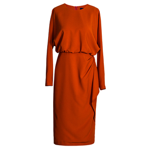 罗衣气质橘红色修身连衣裙女春季简约休闲风蝙蝠袖包臀裙子10961