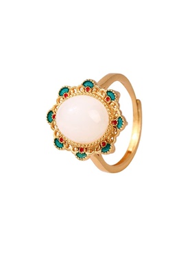 民族风古法镀金仿玉石蛋面珐琅工艺戒指女国潮玫瑰花香活口指环