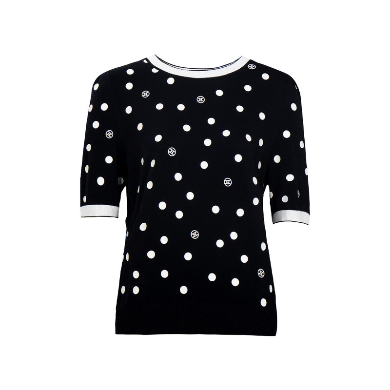 HONRN/红人夏季圆领短袖波点针织衫优雅薄款套头上衣HJ22OM534