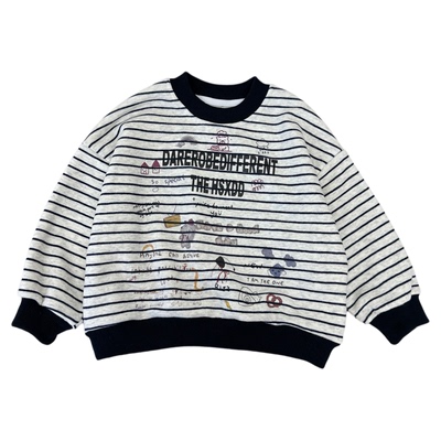 男童秋冬款一体加绒条纹保暖卫衣