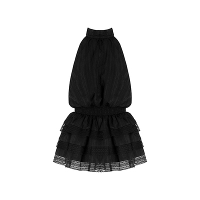 VOCK 古早千金 日系复古条纹挂脖露背蝴蝶结松紧腰显瘦蛋糕蓬蓬裙