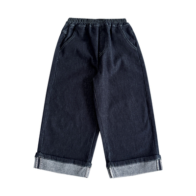 男童冬款加厚抓绒长裤卷边牛仔裤