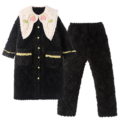 中长款睡衣女秋冬季加绒加厚珊瑚绒三层夹棉新款高级感保暖家居服