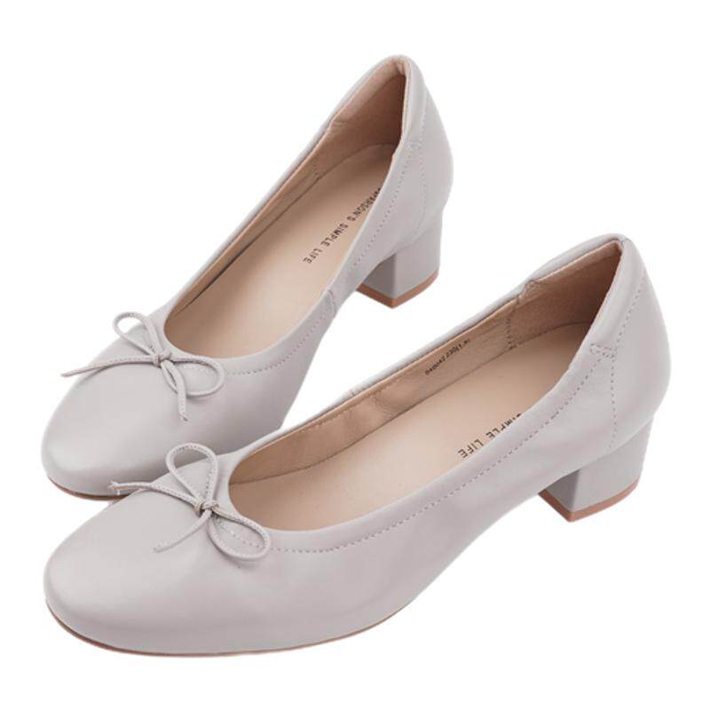 壹家shoes040042羊皮4cm圆头芭蕾风鞋子中跟通勤粗跟浅口单鞋女鞋