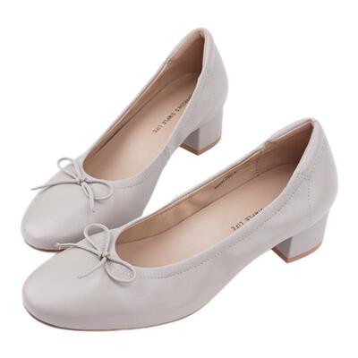 壹家shoes040042羊皮4cm圆头芭蕾风鞋子中跟通勤粗跟浅口单鞋女鞋